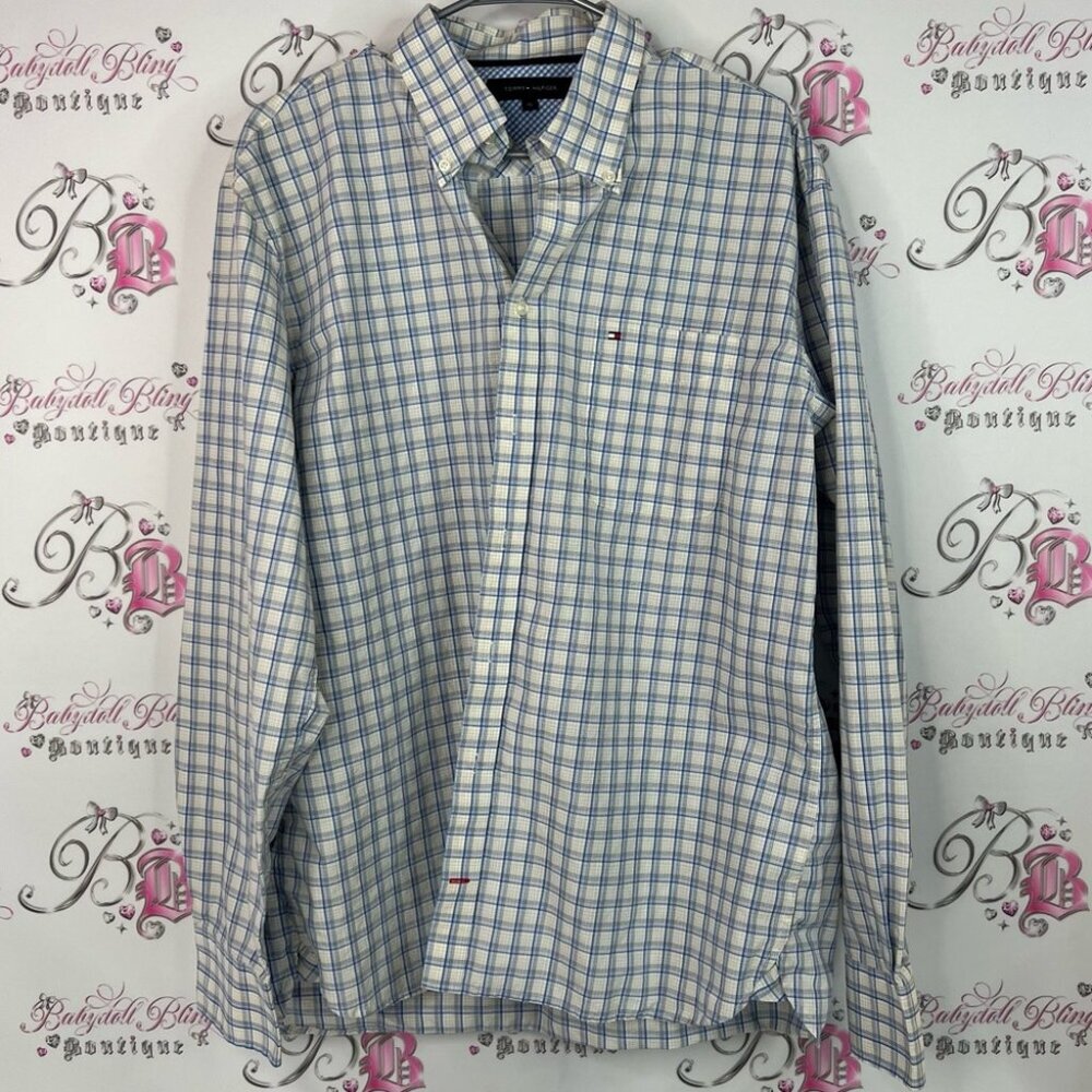 Tommy Hilfiger button down collared Men's White and Blue Plaid Shirt top